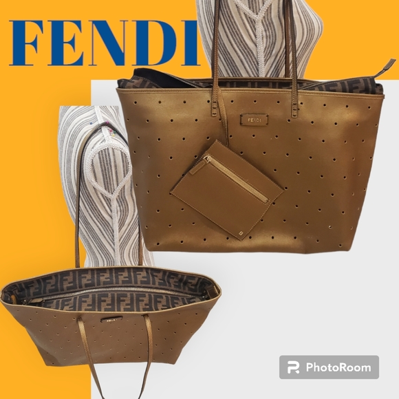 Fendi Handbags - LOW START Fendi Metallic Gold Perforated Leather Roll Tote w Pouch